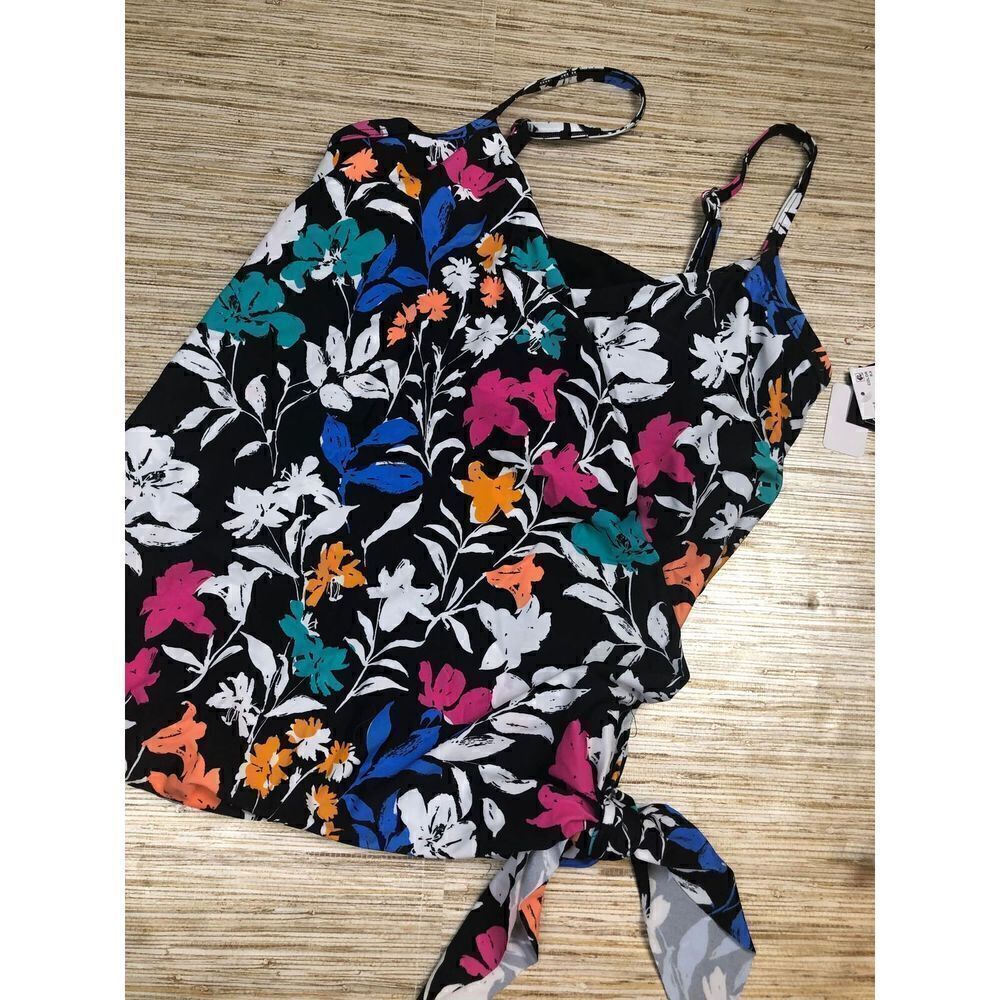 499 Island Escape tie side underwire tankini top BLACK FLORAL 10 New